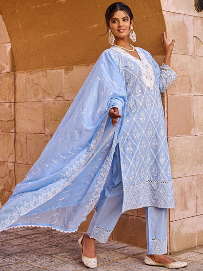 Women Floral Embroidered Pure Cotton Kurta with Trousers & Dupatta