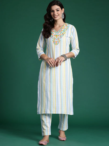 Dhiyona IE Striped Thread Work Pure Cotton Kurta with Trousers