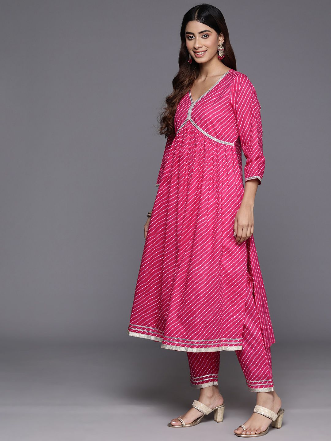 Dhiyona VA Women's Leheriya Printed Empire Gotta Patti Pure Cotton Kurta with Trousers & With Dupatta