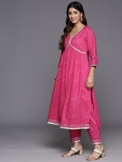 Dhiyona VA Women's Leheriya Printed Empire Gotta Patti Pure Cotton Kurta with Trousers & With Dupatta