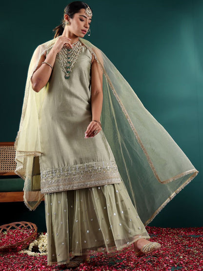 Dhiyona VA Women's Floral Embroidered Regular Kurta with Sharara & With Dupatta