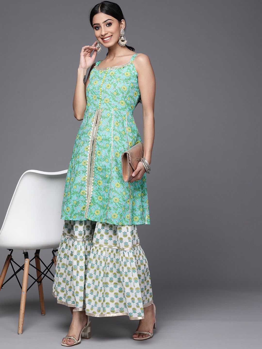 Dhiyona VA Women's Sea Green & White Floral Printed Gotta Patti Pure Cotton Kurta with Sharara