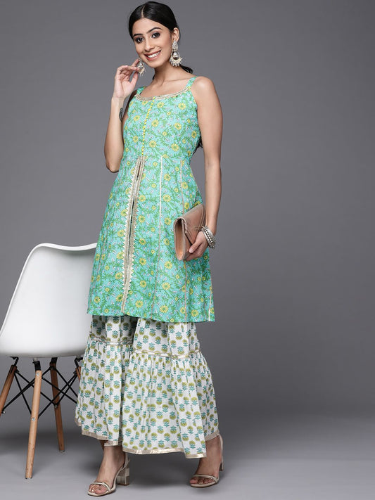 Dhiyona VA Women's Sea Green & White Floral Printed Gotta Patti Pure Cotton Kurta with Sharara