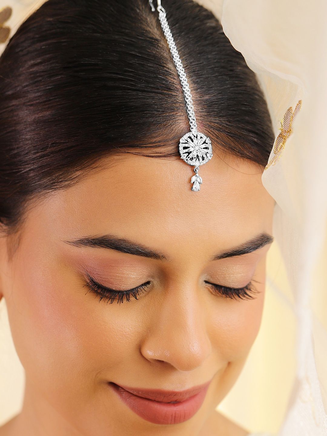 Dhiyona RJ Women's Rhodium-Plated Cubic Zirconia Studded Maang Tikka Head Jewellery