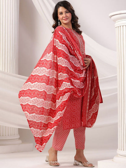 Bandhani Printed Notch Neck Pure Cotton Kurta With Trousers & Dupatta