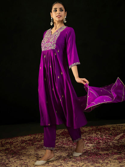 Floral Embroidered Empire Aari Work A-Line Kurta & Trousers With Dupatta