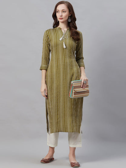 Dhiyona IE Women Olive Green & White Striped Straight Kurta