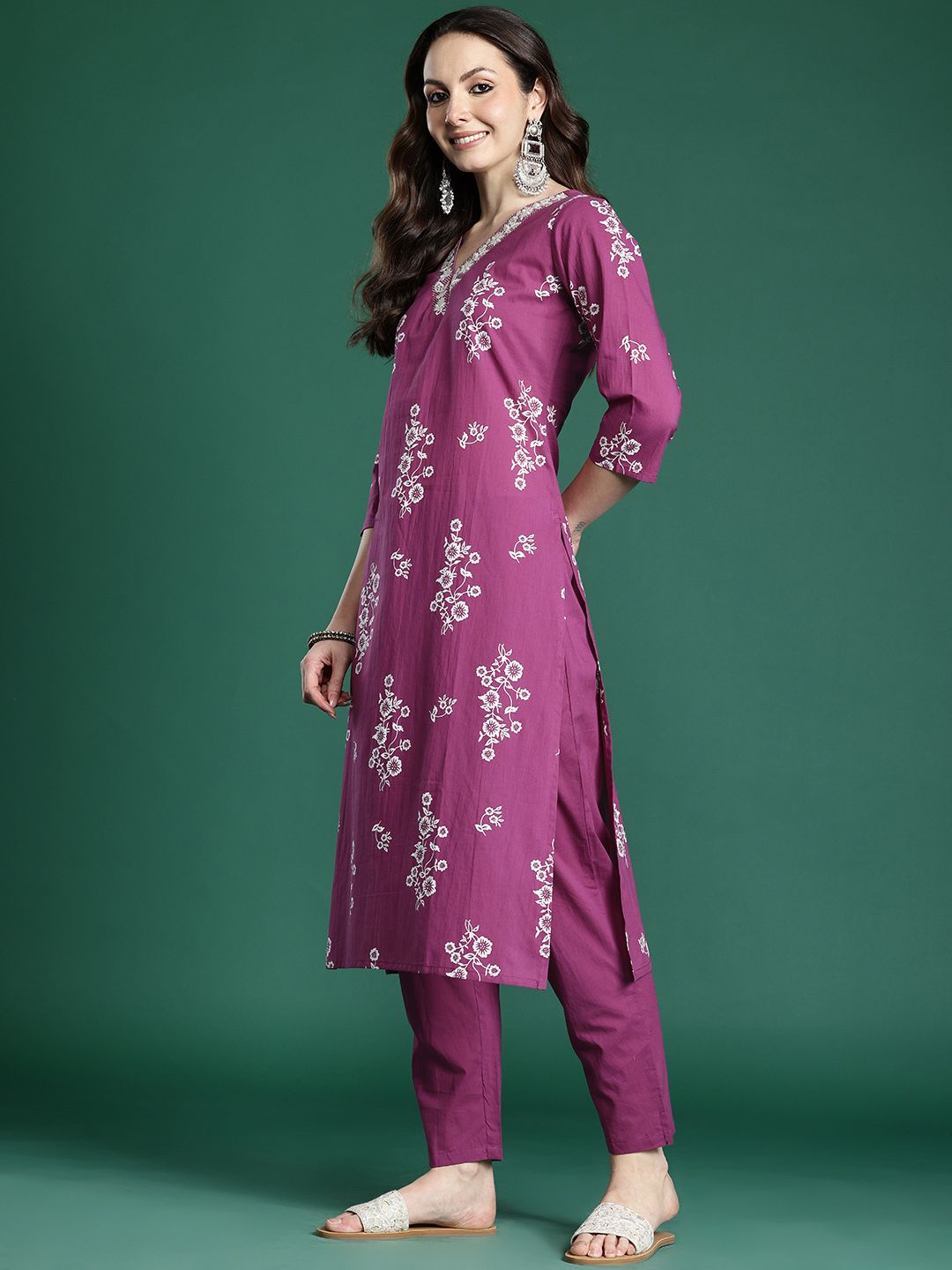Floral Printed Sequinned Pure Cotton Kurta with Trousers & With Dupatta