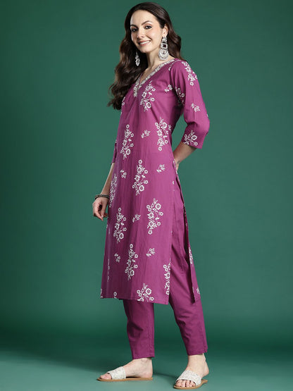 Floral Printed Sequinned Pure Cotton Kurta with Trousers & With Dupatta