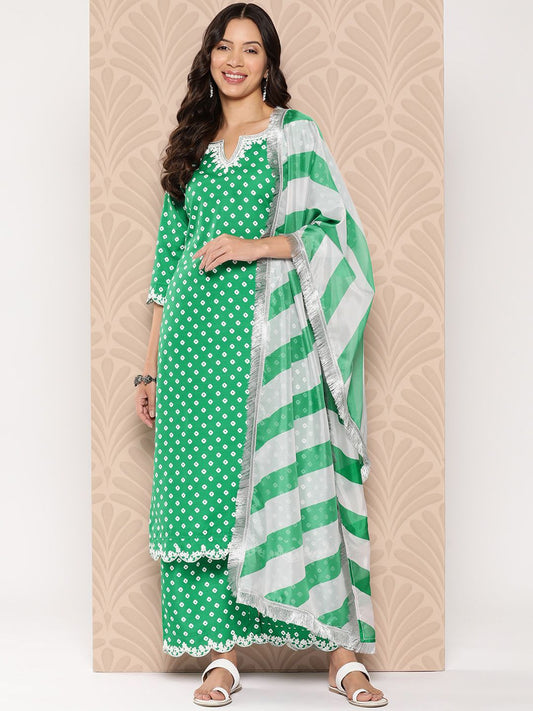 Dhiyona VA Women'sBandhani Printed Lace Detailed Straight Kurta with Trousers and Dupatta