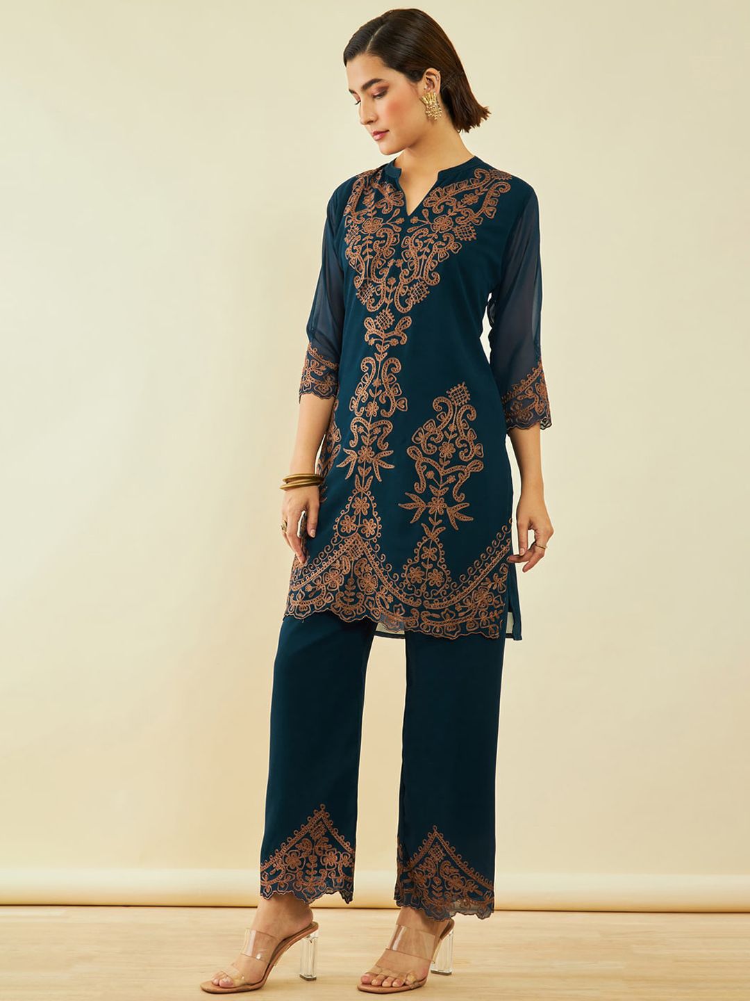 Dhiyona SO Women's Ethnic Motifs Embroidered Regular Band Collar Thread Work Kurta with Palazzos