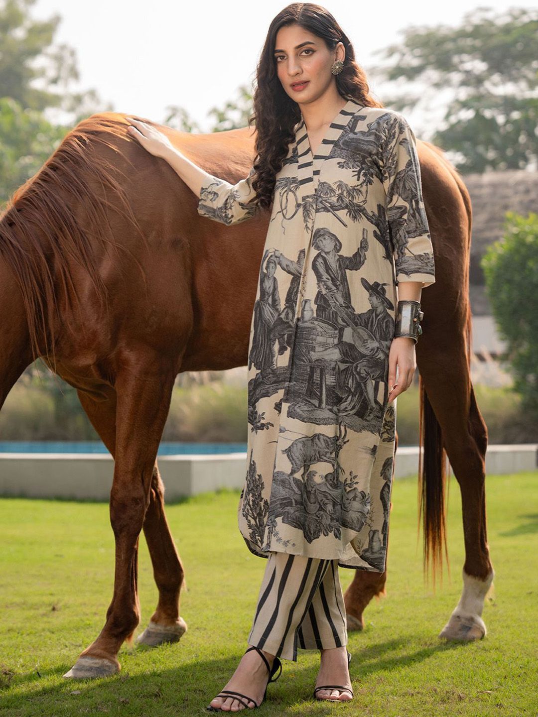 Tribal Printed V-Neck Linen Straight Kurta With Trouser