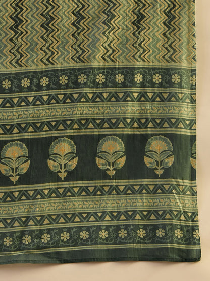 Dhiyona IE Green Floral Printed V-Neck Pure Cotton A-Line Kurta with Trousers & Dupatta