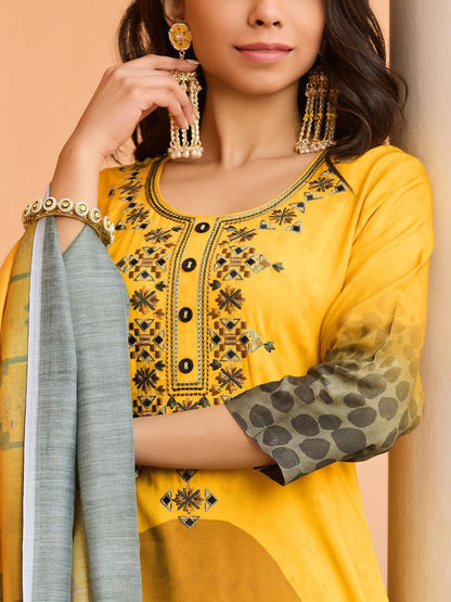 Dhiyona WP Geometric Embroidered Thread Work Straight Kurta With Trousers & Dupatta