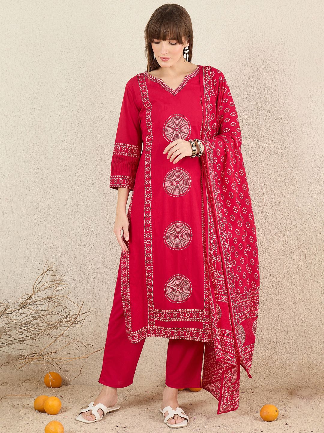 Dhiyona IE Ethnic Motifs Printed Pure Cotton V-Neck A-Line Kurta With Trousers & Dupatta