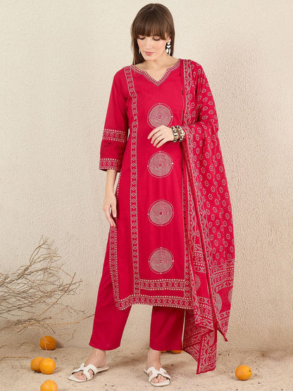 Dhiyona IE Ethnic Motifs Printed Pure Cotton V-Neck A-Line Kurta With Trousers & Dupatta