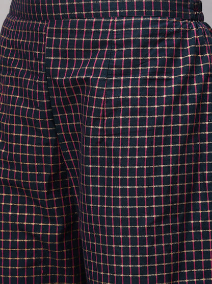 Women Navy Blue Printed Regular Straight Keyhole Neck Pure Cotton Kurta Set