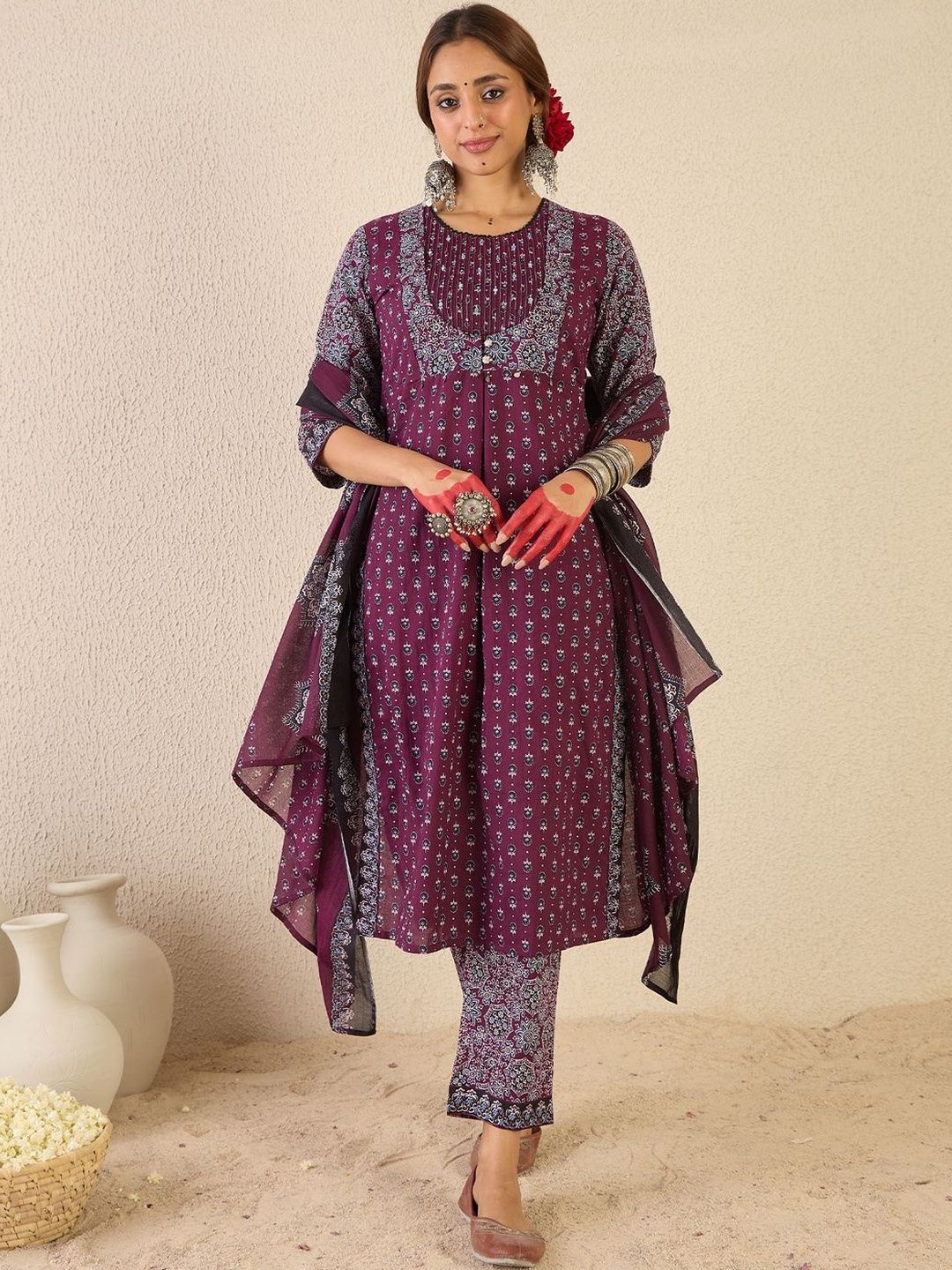 Women Ethnic Motifs Printed Regular Thread Work Pure Cotton Kurta with Trousers & With Dupatta