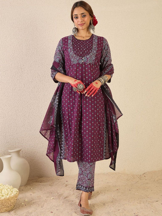 Women Ethnic Motifs Printed Regular Thread Work Pure Cotton Kurta with Trousers & With Dupatta