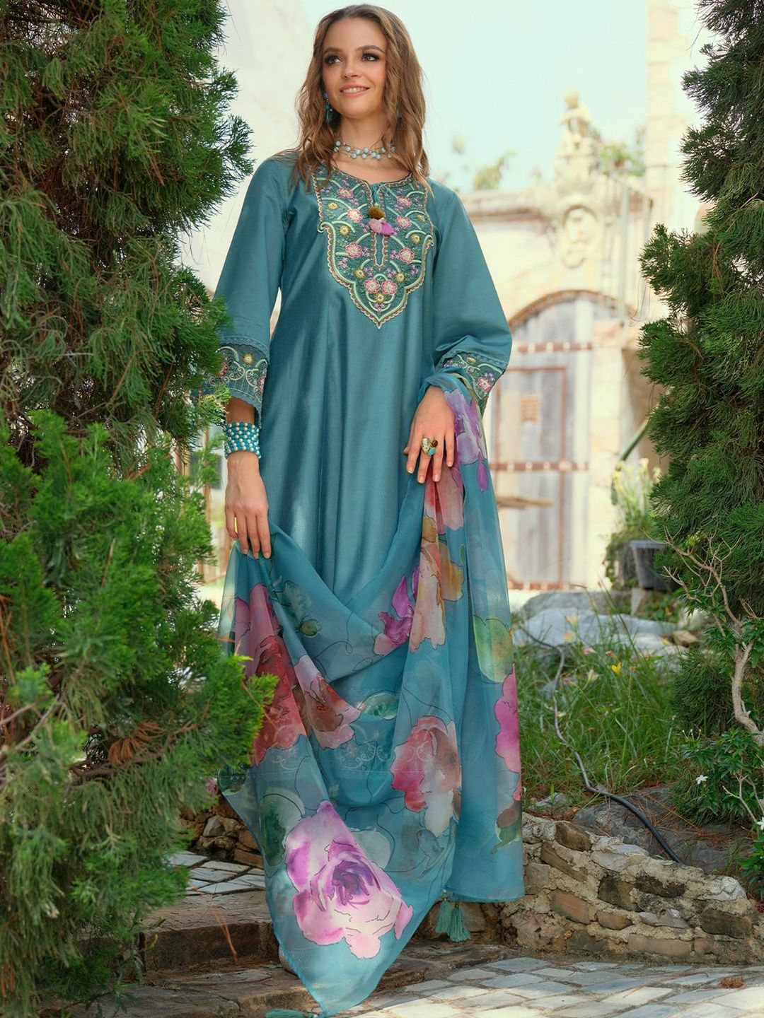 Dhiyona IE Women Ethnic Motifs Embroidered A-Line Kurta with Trousers & Dupatta
