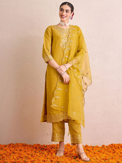 Dhiyona IE Women Ethnic Motifs Embroidered Regular Gotta Patti Kurta with Trousers & With Dupatta