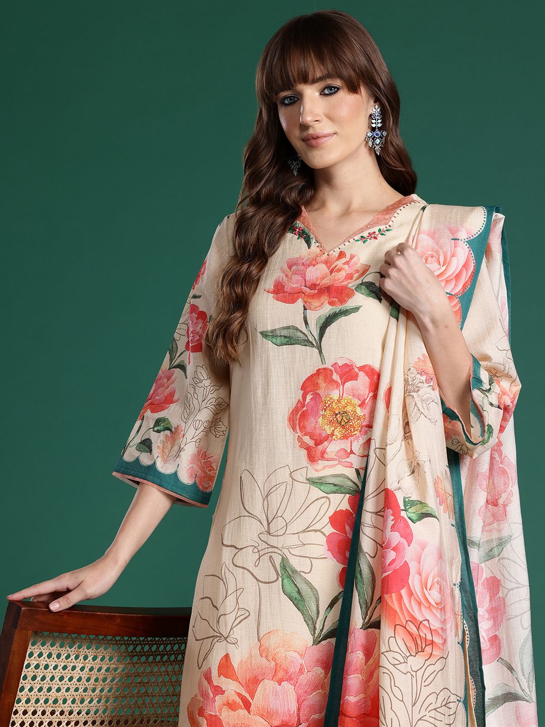 Dhiyona IE Floral Printed Kurta with Trousers & Dupatta