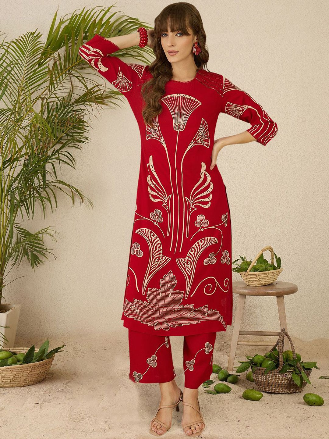 Dhiyona IE Ethnic Motifs Printed Round Neck Beads & Stones Straight Kurta With Palazzos