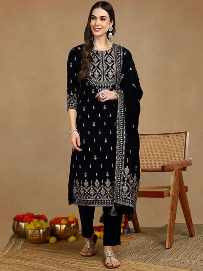 Dhiyona PD Women Women Ethnic Motif Embroidered Straight Kurta Trousers With Dupatta