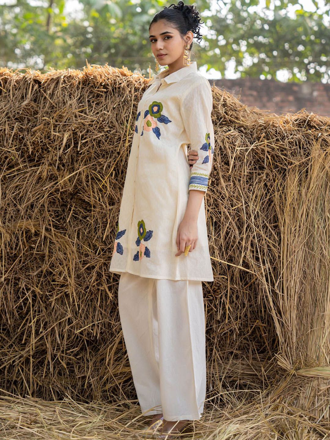 Dhiyona IE Floral Printed Shirt Collar Pure Cotton Tunic With Trouser
