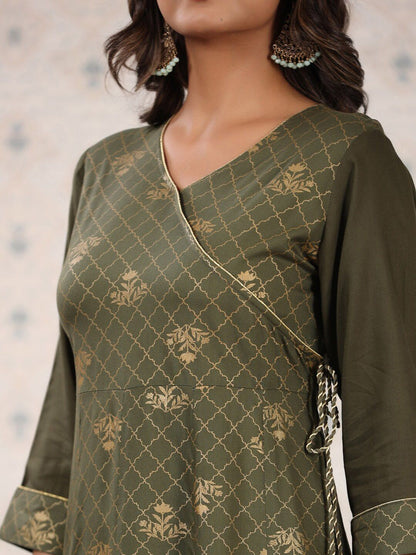 Dhiyona OD  Olive Green & Gold Printed V Neck Angrakha Kurta With Palazzos