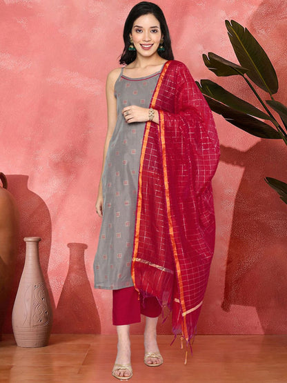 Dhiyona SN Women's Woven Design Straight Kurta With Trouser & Dupatta Set