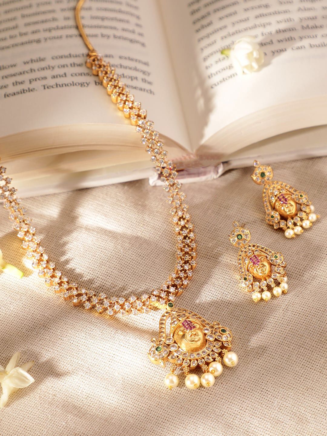 Dhiyona RJ Women's Gold-Plated American Diamond-Studded & Pearl Beaded Temple Jewellery Set