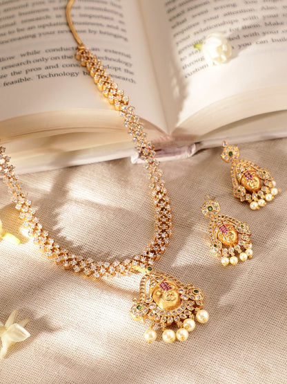 Dhiyona RJ Women's Gold-Plated American Diamond-Studded & Pearl Beaded Temple Jewellery Set