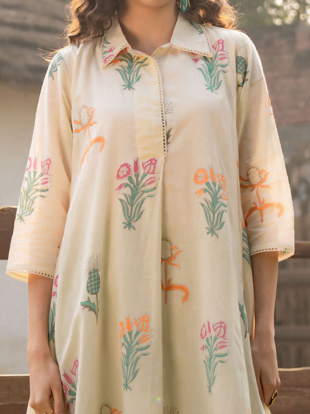 Dhiyona IE Floral Printed Shirt Collar Pure Cotton A-Line Kurta With Trouser