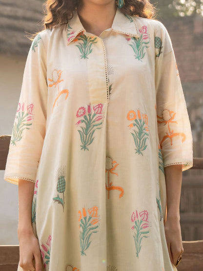 Dhiyona IE Floral Printed Shirt Collar Pure Cotton A-Line Kurta With Trouser