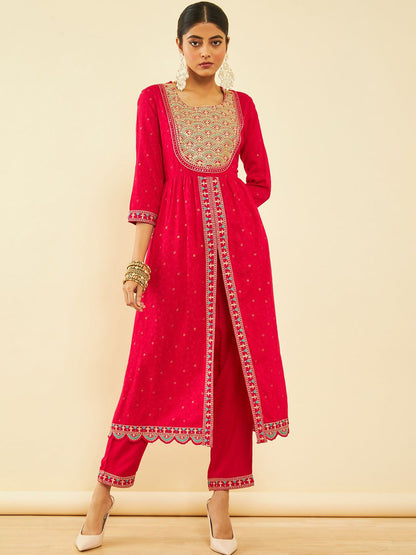 Dhiyona SO Women's Alina Cut Fuchsia Ethnic Motifs Embroidered Pleated Sequinned Kurta With Trousers & Dupatta