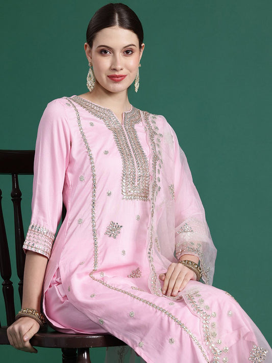 Dhiyona IE Ethnic Motifs Embroidered Panelled Gotta Patti Kurta With Trousers & Dupatta