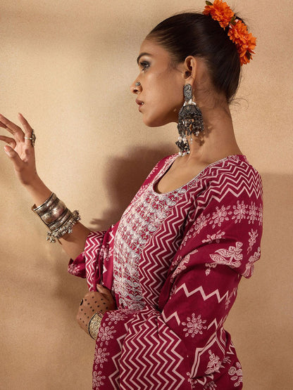 Dhiyona IE Ethnic Motifs Printed Pure Cotton Straight Kurta with Trousers & Dupatta