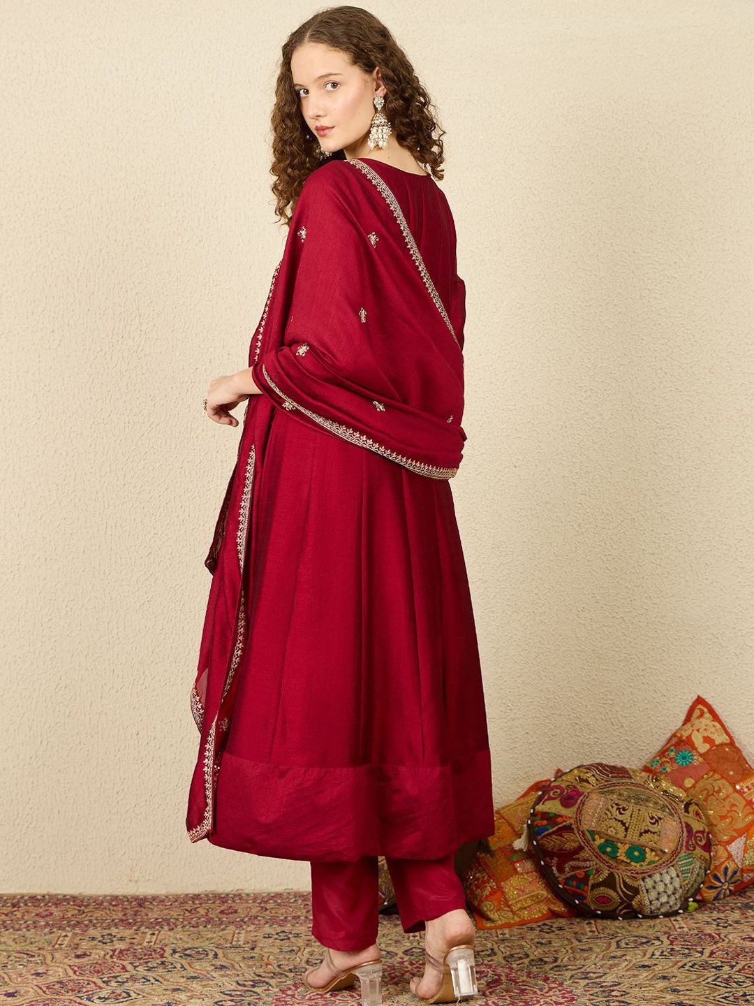 Ethnic Motifs Embroidered Sequinned Anarkali Kurta with Trousers & Dupatta