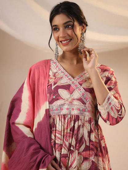 Dhiyona IS Women's Floral Printed Cotton Angrakha A-line Kurta with Sharara and Mulmul Dupatta