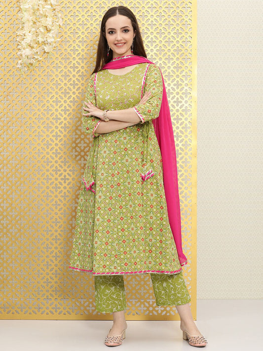 Dhiyona OD  Women Green Ethnic Motifs Printed Panelled Pure Cotton Kurta with Trousers & With