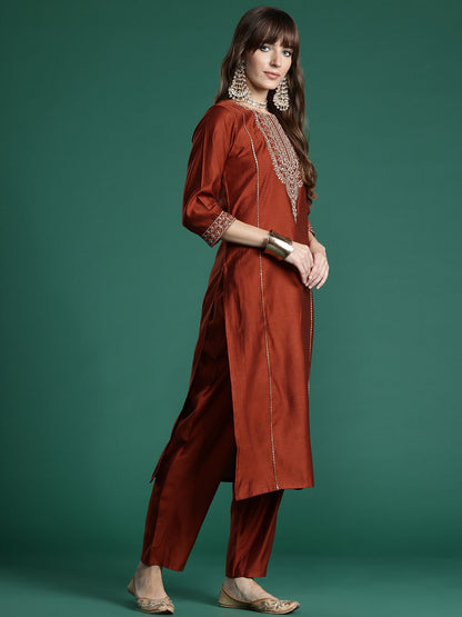 Dhiyona IE Ethnic Motifs Embroidered Liva Kurta with Trousers & With Dupatta