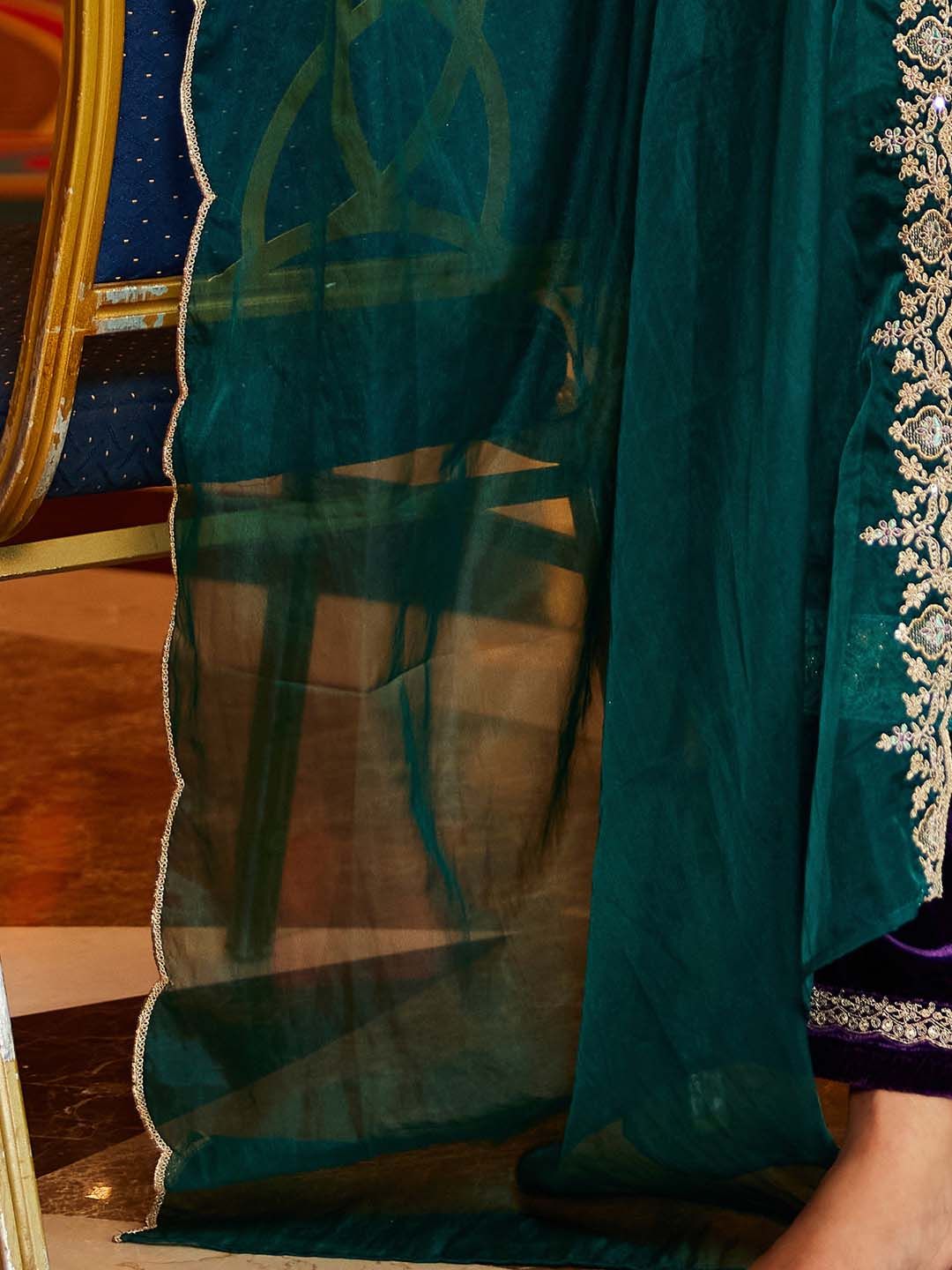 Women Ethnic Motifs Embroidered Regular Sequinned Velvet Kurta with Trousers & With Dupatta