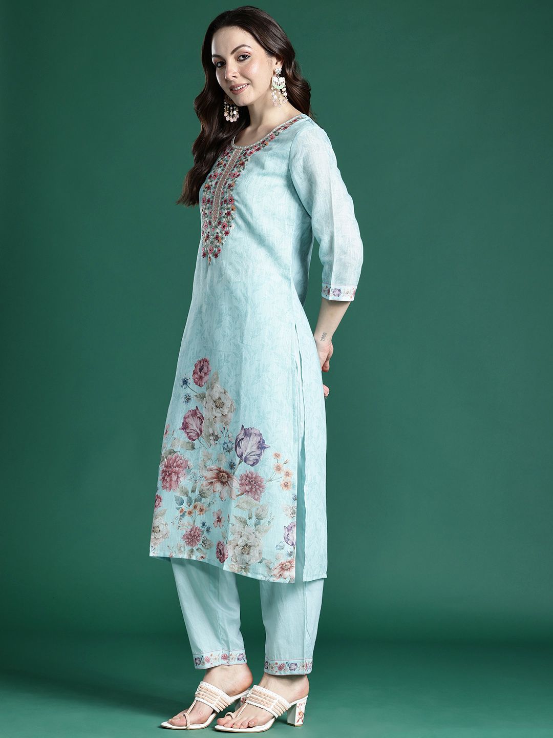 Floral Embroidered Linen Kurta with Trousers & With Dupatta