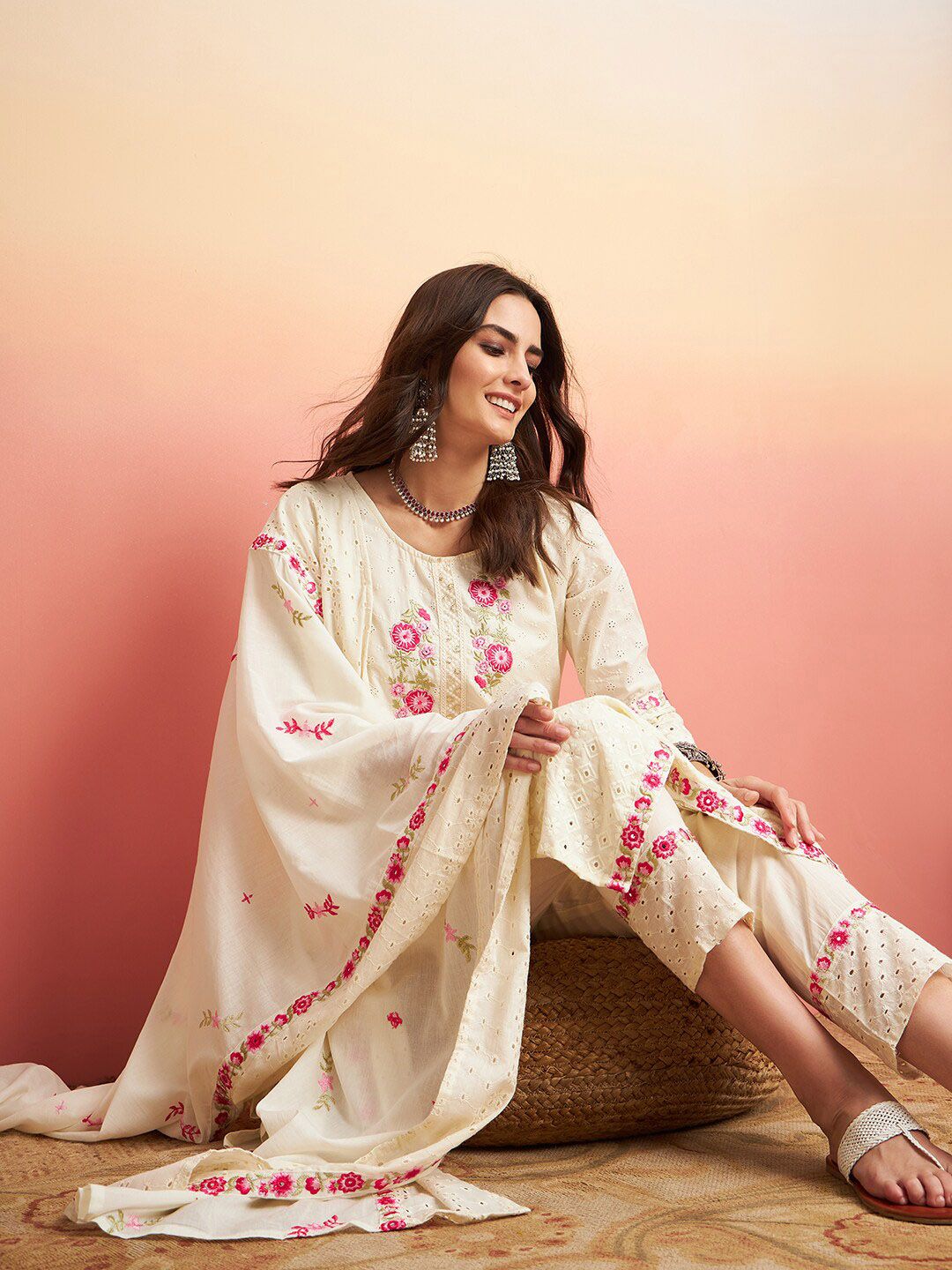 Dhiyona SN Women's Pure Cotton Floral Embroidered Straight Kurta With Trousers & Dupatta