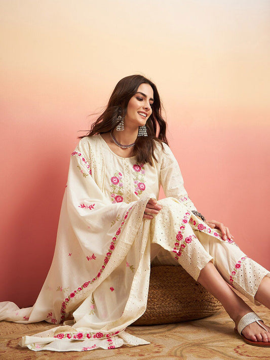Dhiyona SN Women's Pure Cotton Floral Embroidered Straight Kurta With Trousers & Dupatta