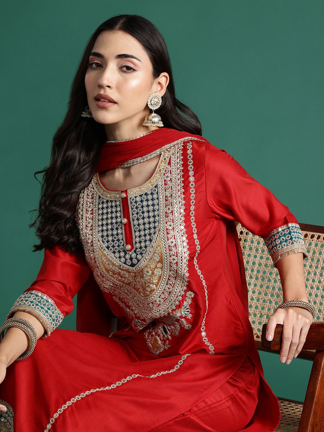 Ethnic Motifs Embroidered Kurta with Trousers & With Dupatta
