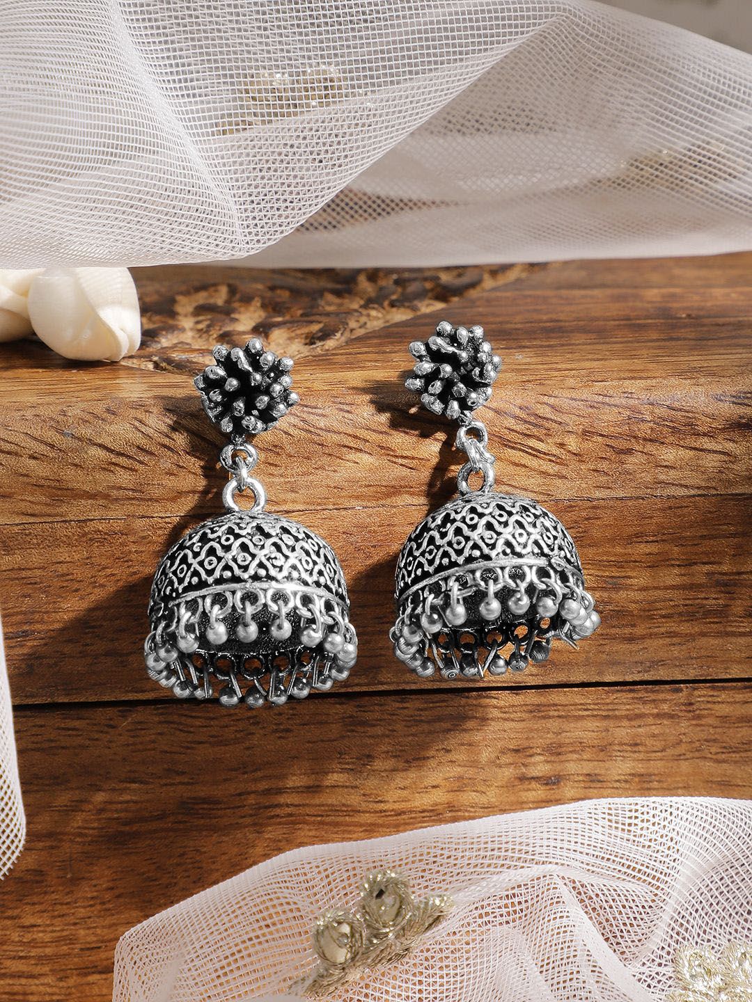 Dhiyona RJ Women's Oxidised Silver-Plated Traditional Jhumka Earrings