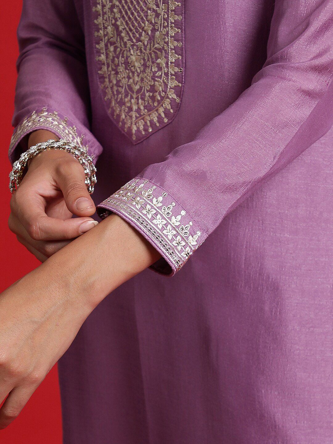 Floral Embroidered Sequinned Kurta With Trousers & Dupatta