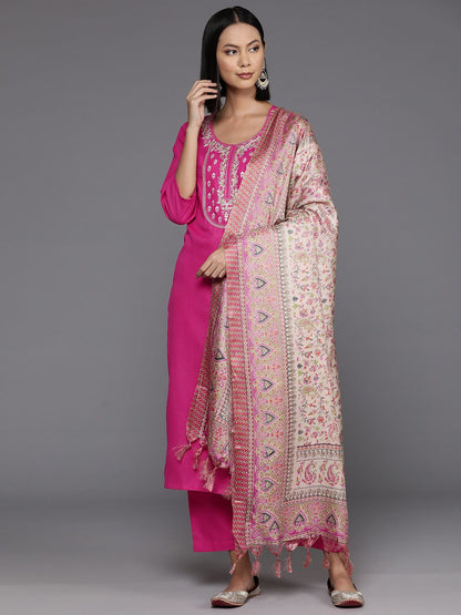 Dhiyona VA Women's Floral Yoke Design Regular Thread Work Kurta with Trousers & Dupatta